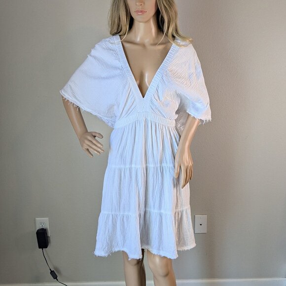Aerie Mini Dress Women's XL White Gauzy Deep V-Neck Tiered Deep-Cut Back Gauze - Picture 1 of 13